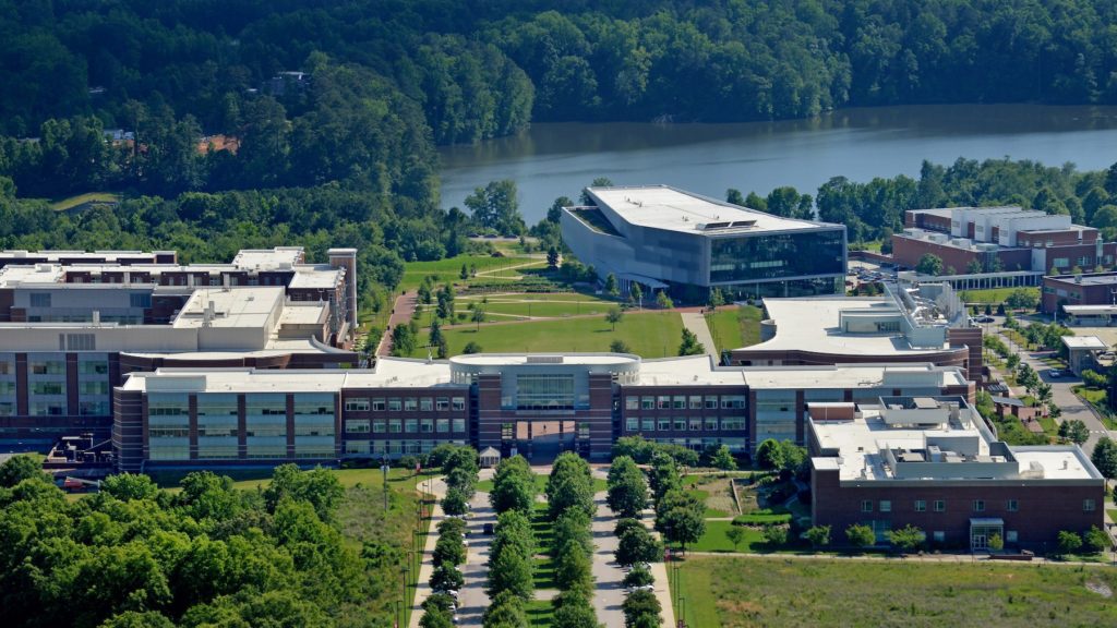 Aerial of the engineering oval on Centennial Campus.