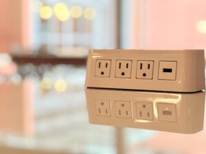 Photo of electrical outlets and usb ports installed a new banquette seating on the main level of Talley Student Union.